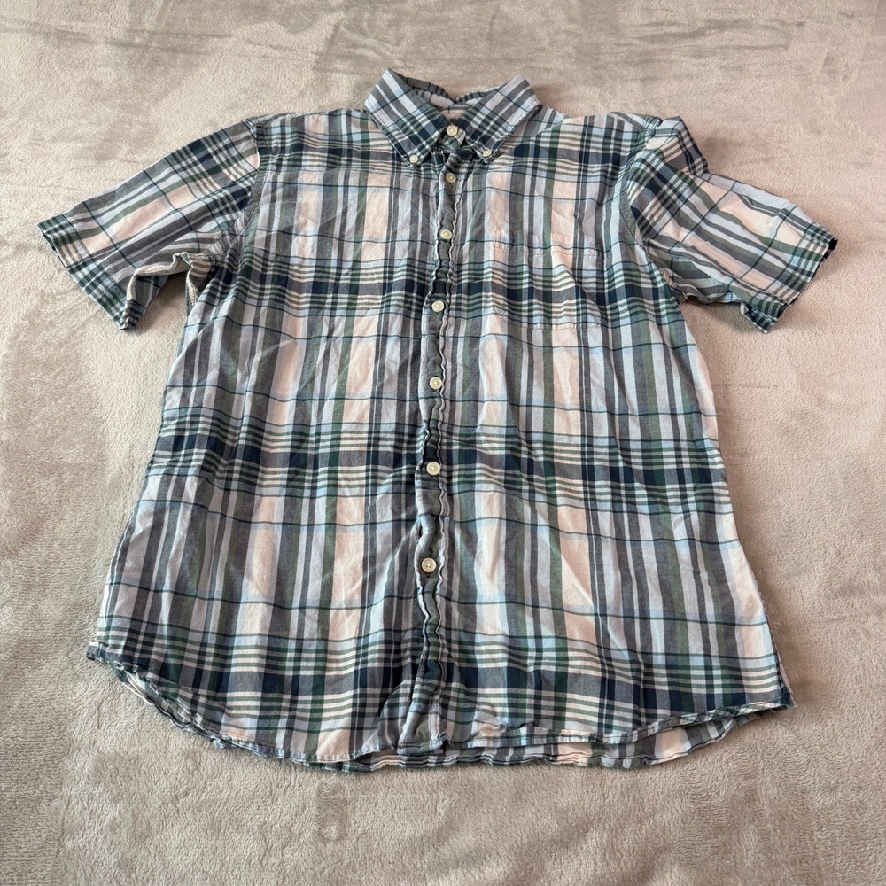 Brooks Brothers Mens Medium Regent Fit Plaid Short Sleeve Button Down Shirt Blue